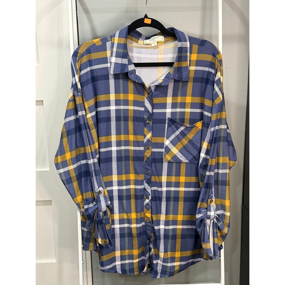 No Comment Plus Plaid Button Down Shirt Blue Yellow 2X 90s Grunge Cabincore